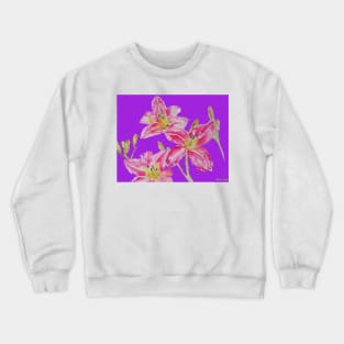 Pink Lily Flower Watercolor Painting Pattern - on Purple Crewneck Sweatshirt